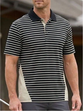 Classic Black & crème Striped Men’s Golf Polo classy sporty casual travel 1532